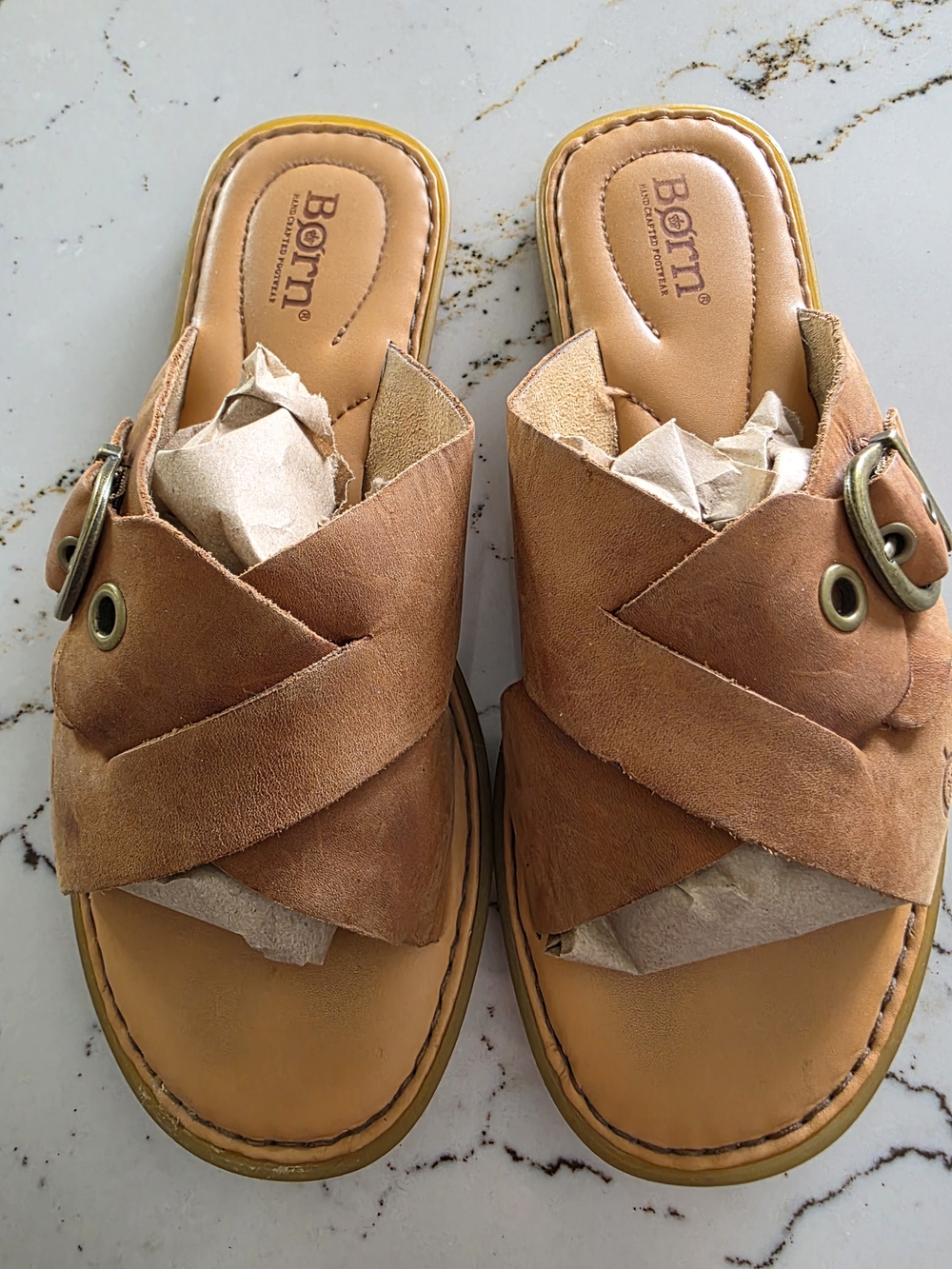 Born Women’s Tan Leather Slide Sandals - Cross Strap Mule